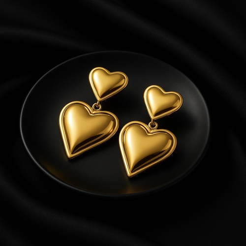 Bold Golden Double Heart Drop Earrings | Anti Tarnish | Stainless Steel