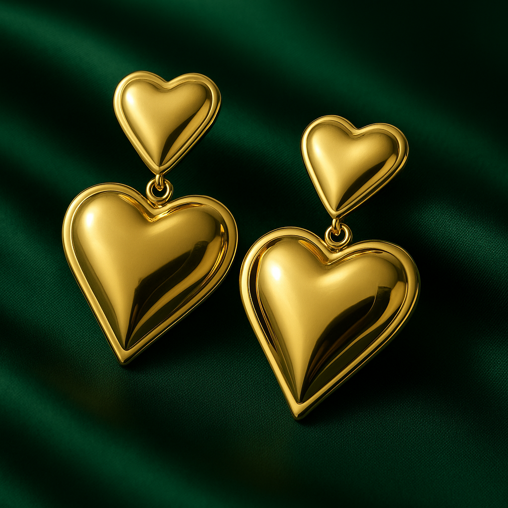 Bold Golden Double Heart Drop Earrings | Anti Tarnish | Stainless Steel