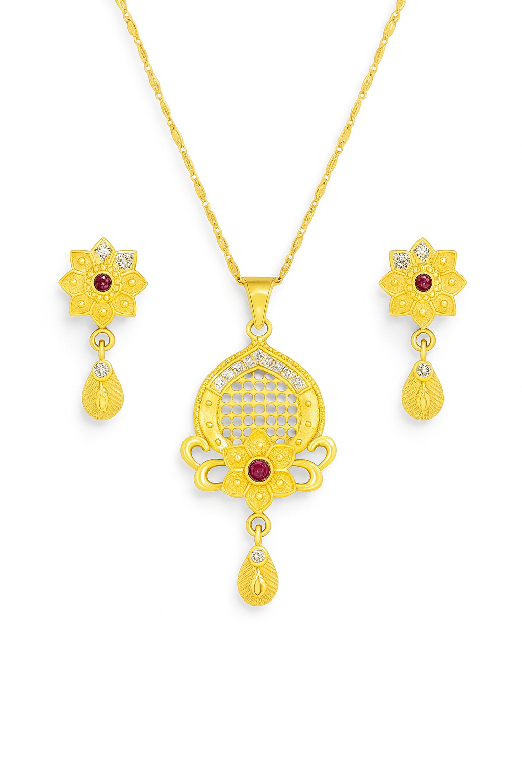 Traditional Gold Plated Floral Pendant Necklace & Earrings Set | Ethnic Jewelry for Women