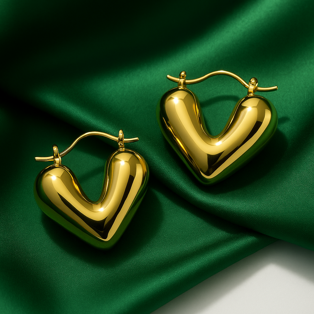 Golden Puffy Heart Hoop Earrings | Anti Tarnish | Stainless Steel