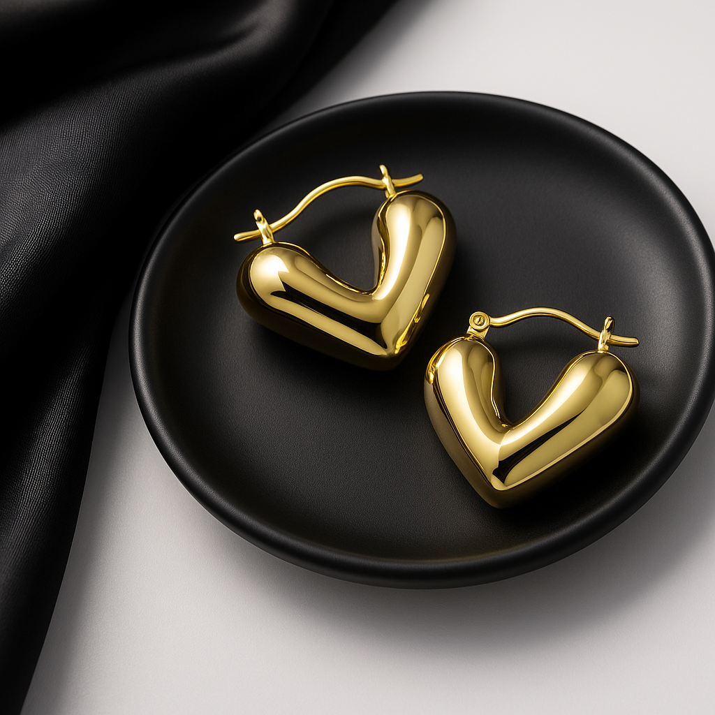 Golden Puffy Heart Hoop Earrings | Anti Tarnish | Stainless Steel
