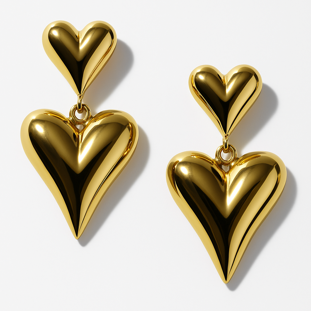 Golden Double Heart Drop Earrings | Anti Tarnish | Stainless Steel