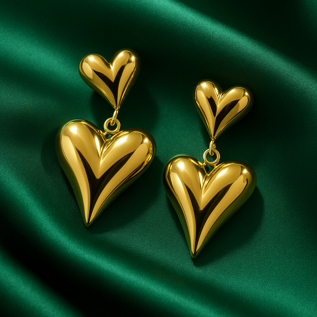 Golden Double Heart Drop Earrings | Anti Tarnish | Stainless Steel