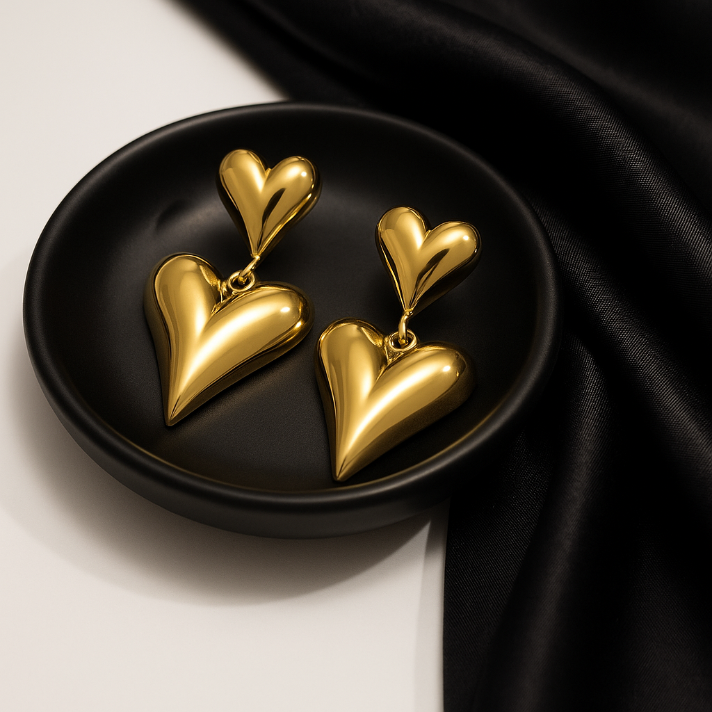 Golden Double Heart Drop Earrings | Anti Tarnish | Stainless Steel
