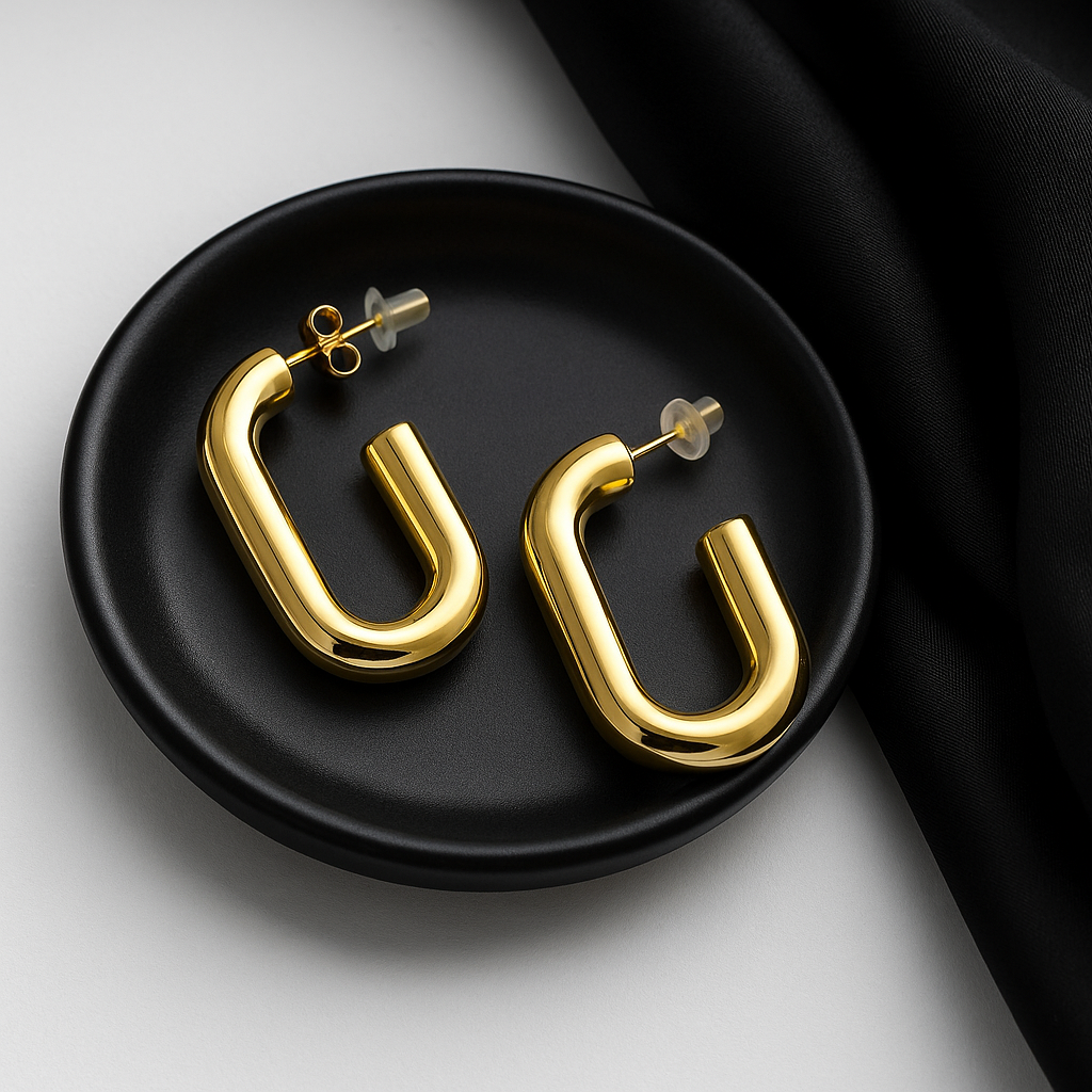 Golden Open Rectangle Hoop Earrings | Anti Tarnish | Stainless Steel