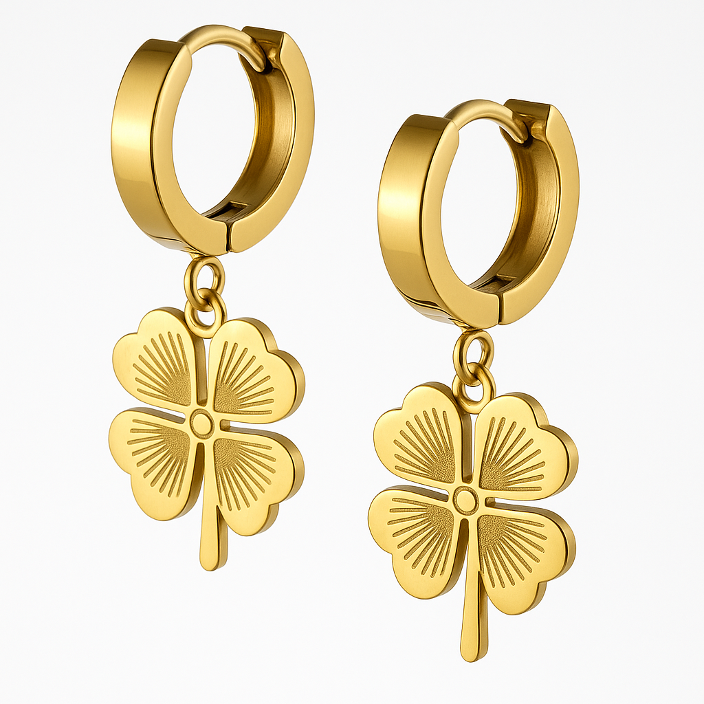 Golden Four-Leaf Clover Hoop Earrings | Anti Tarnish | Stainless Steel