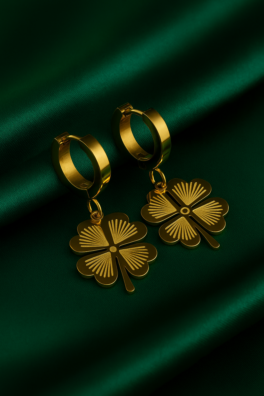 Golden Four-Leaf Clover Hoop Earrings | Anti Tarnish | Stainless Steel