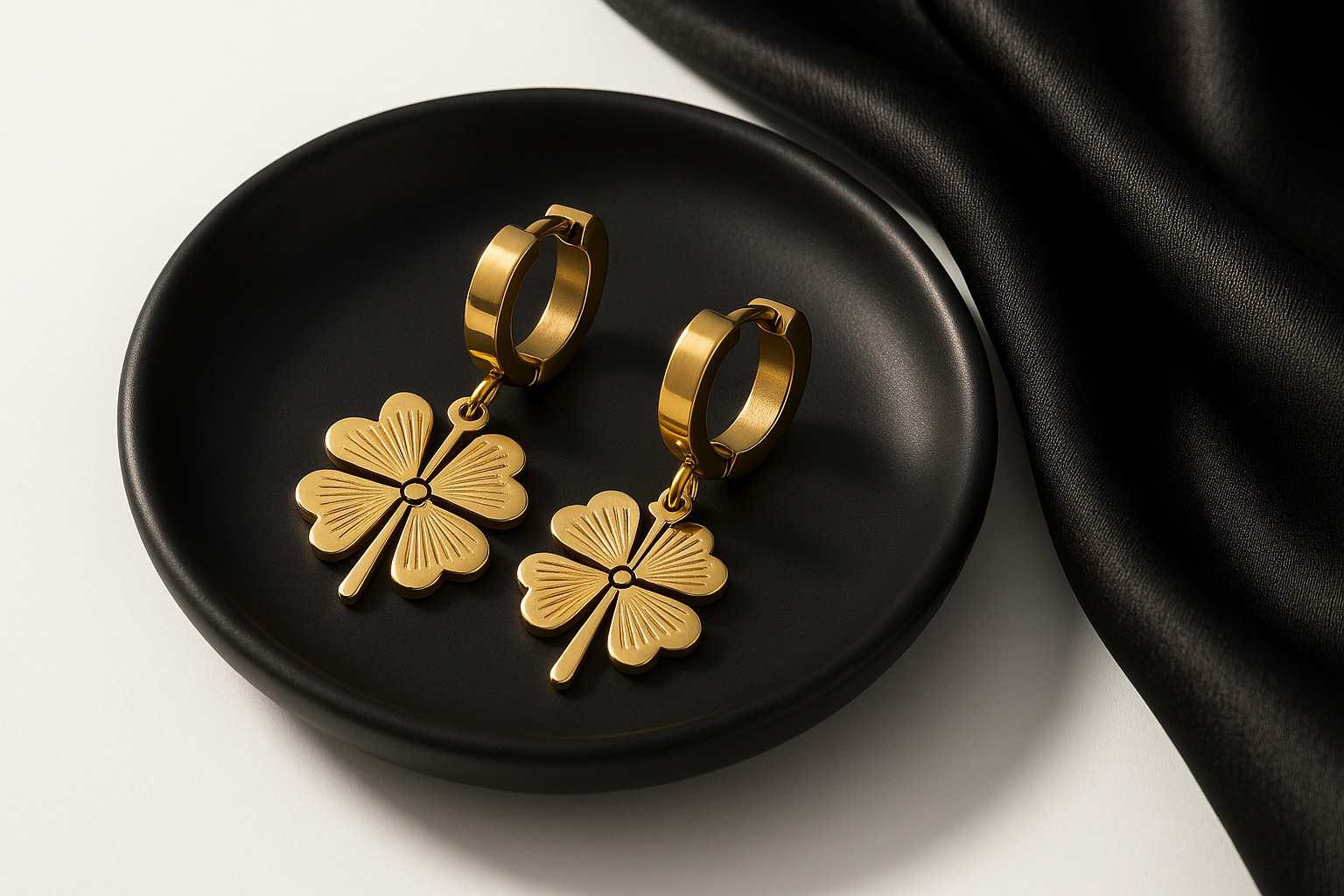 Golden Four-Leaf Clover Hoop Earrings | Anti Tarnish | Stainless Steel