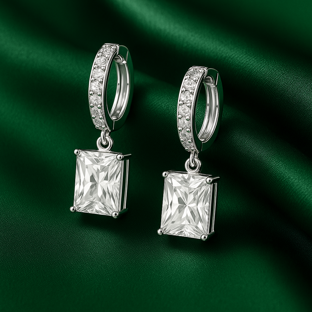 Emerald-Cut Crystal Drop Hoop Earrings | Anti Tarnish | Stainless Steel