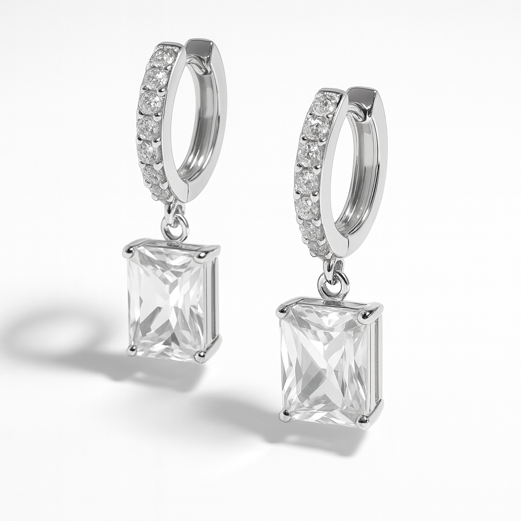 Emerald-Cut Crystal Drop Hoop Earrings | Anti Tarnish | Stainless Steel