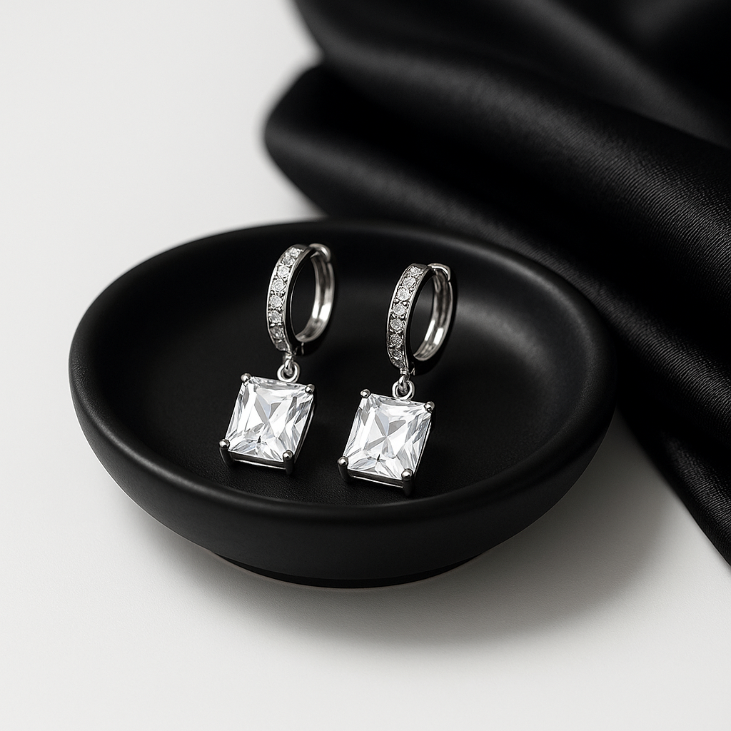 Emerald-Cut Crystal Drop Hoop Earrings | Anti Tarnish | Stainless Steel