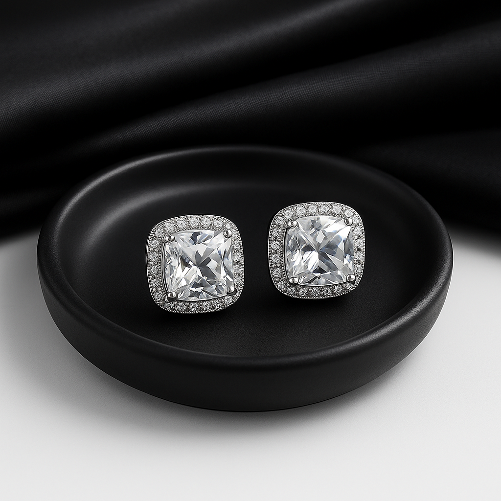 Cushion-Cut Halo Crystal Stud Earrings | Anti Tarnish | Stainless Steel