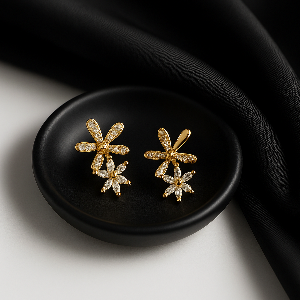 Double Floral Crystal Stud Earrings | Anti Tarnish | Stainless Steel