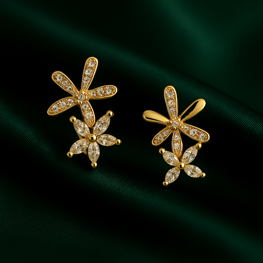 Double Floral Crystal Stud Earrings | Anti Tarnish | Stainless Steel