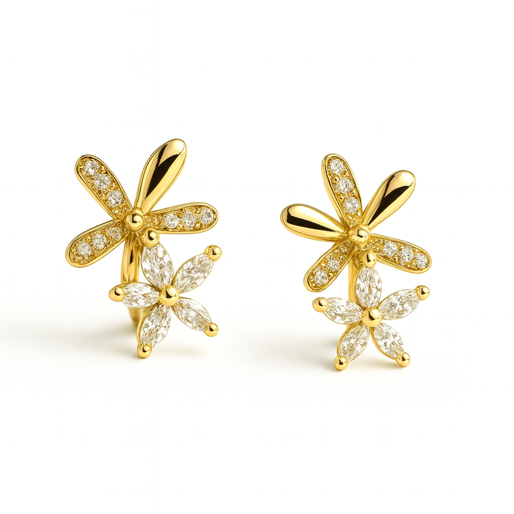 Double Floral Crystal Stud Earrings | Anti Tarnish | Stainless Steel