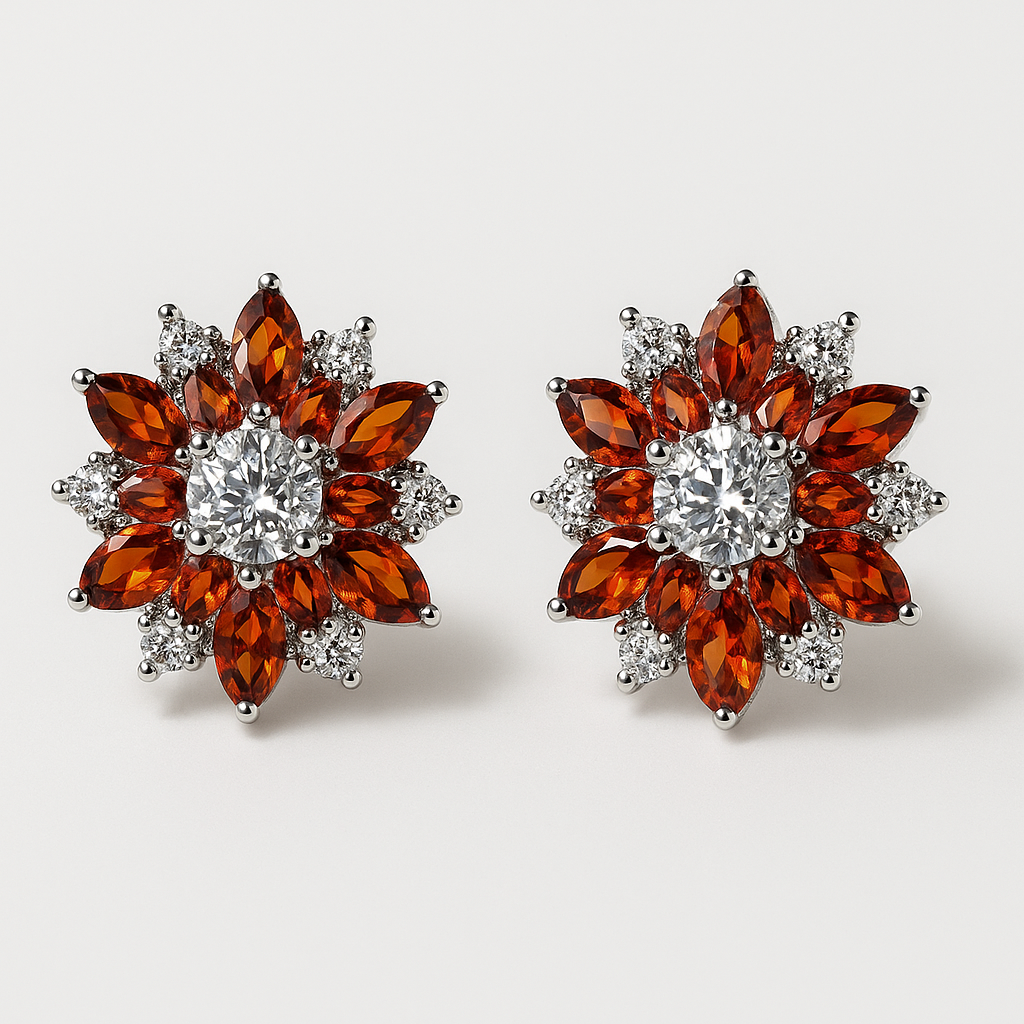 Floral Garnet Red Crystal Stud Earrings | Anti Tarnish | Stainless Steel