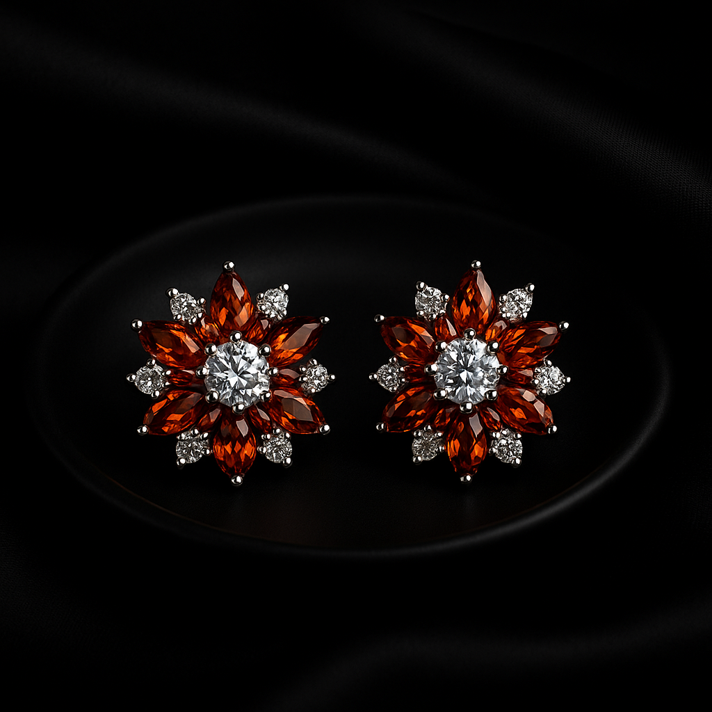 Floral Garnet Red Crystal Stud Earrings | Anti Tarnish | Stainless Steel