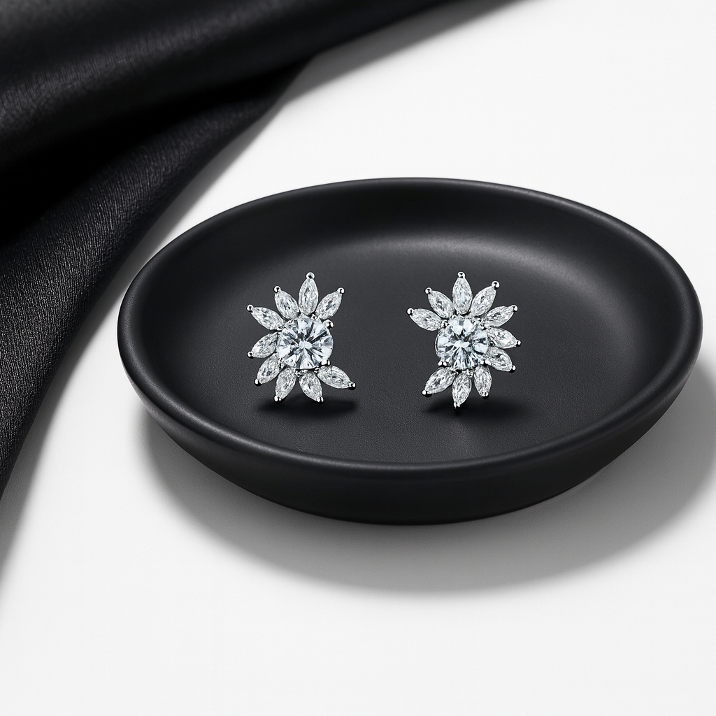 Floral Crystal Cluster Stud Earrings | Anti Tarnish | Stainless Steel