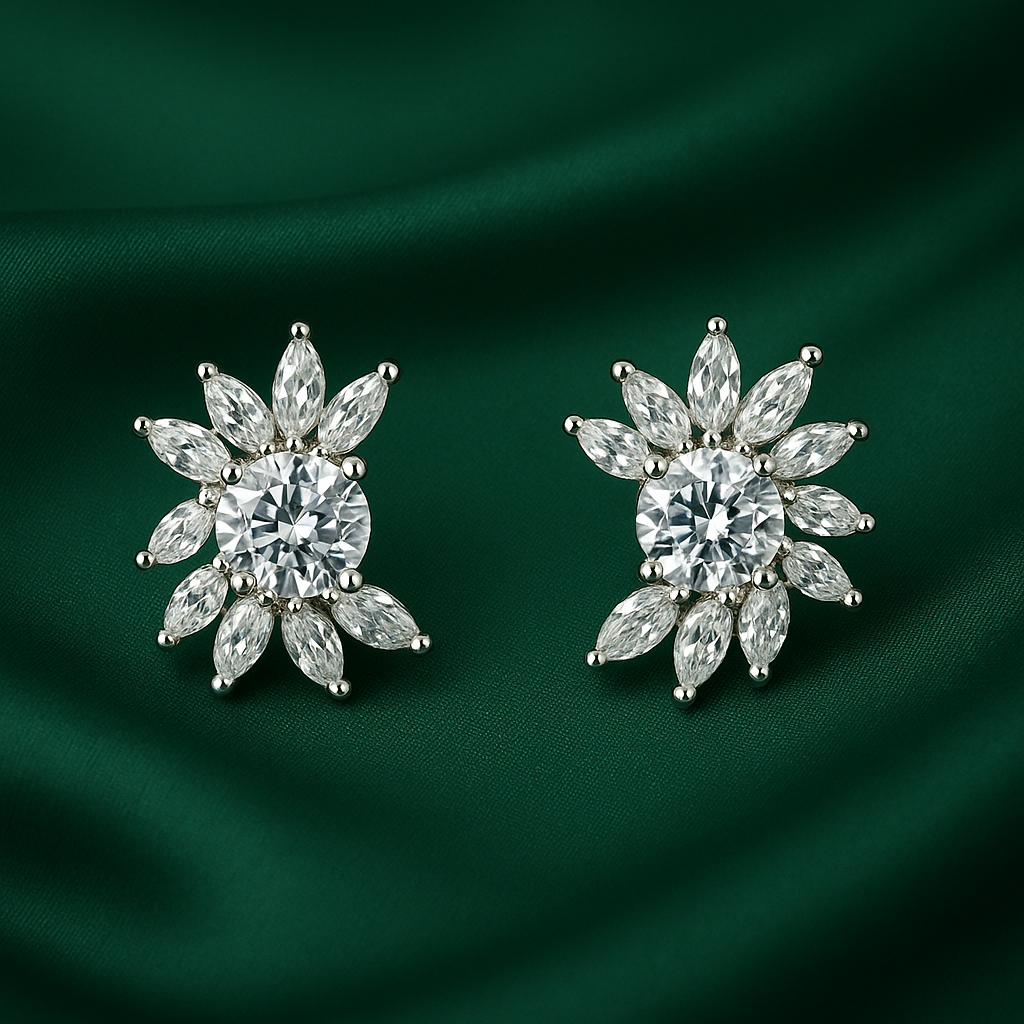 Floral Crystal Cluster Stud Earrings | Anti Tarnish | Stainless Steel