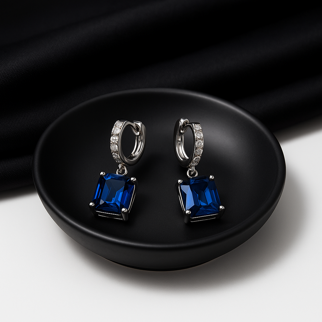 Blue Sapphire Emerald-Cut Drop Earrings | Anti Tarnish | Stainless Steel