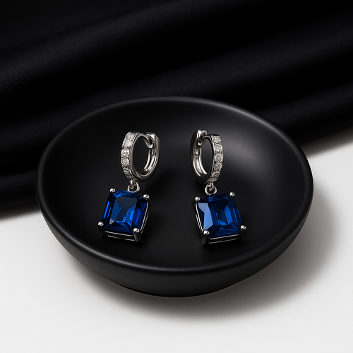 Blue Sapphire Emerald-Cut Drop Earrings | Anti Tarnish | Stainless Steel