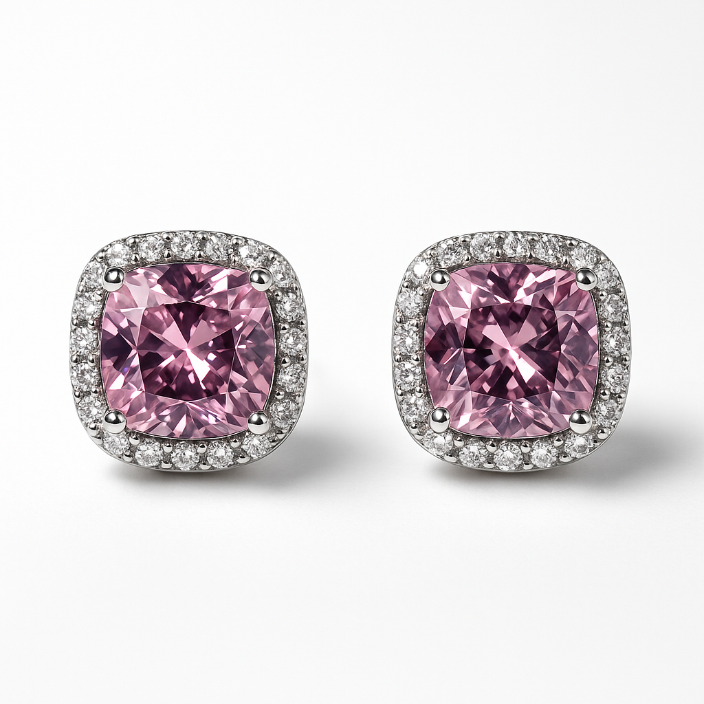 Pink Cushion Cut Halo Stud Earrings | Anti Tarnish | Stainless Steel