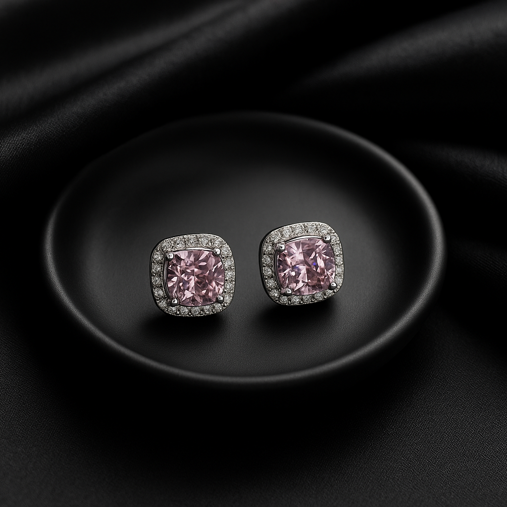 Pink Cushion Cut Halo Stud Earrings | Anti Tarnish | Stainless Steel