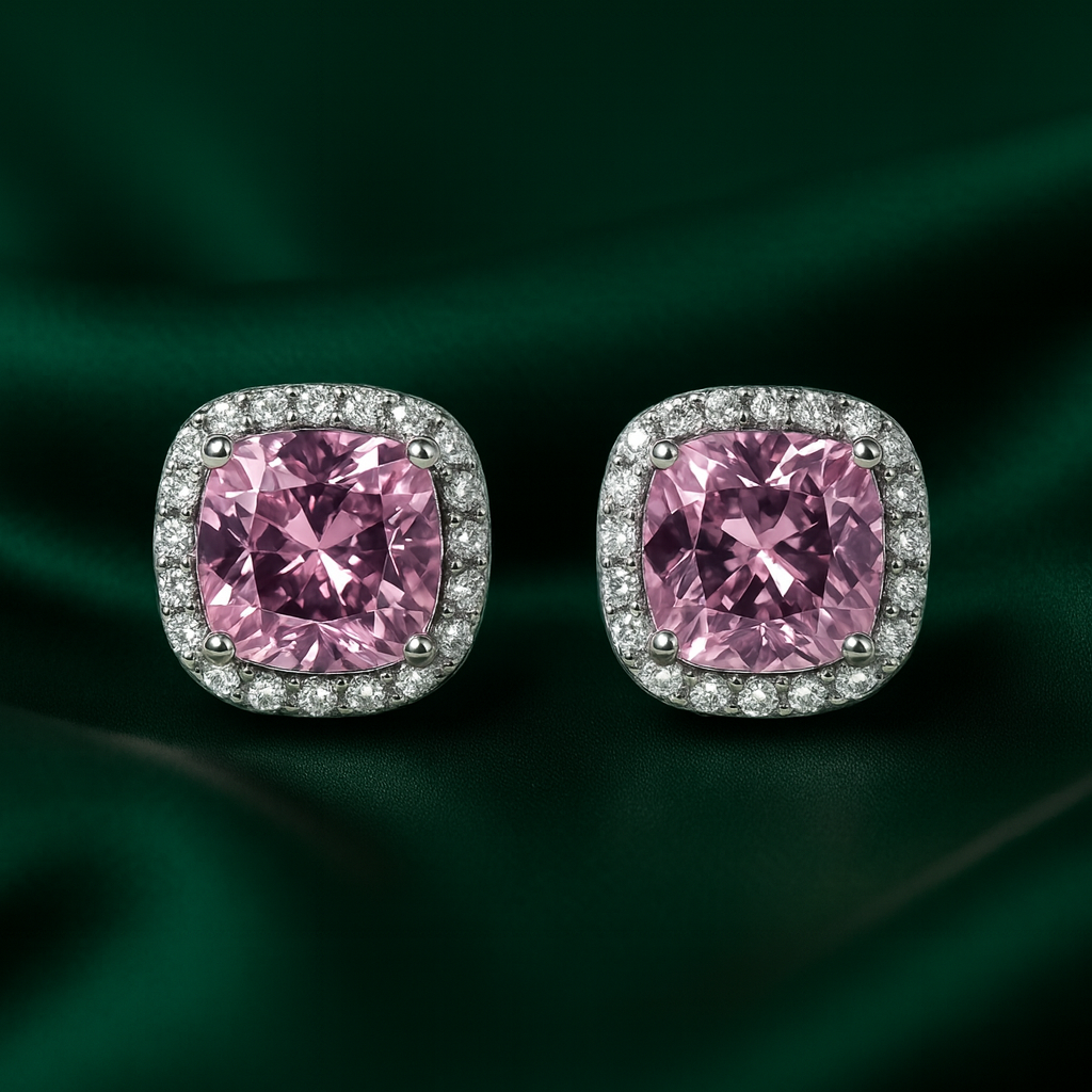Pink Cushion Cut Halo Stud Earrings | Anti Tarnish | Stainless Steel