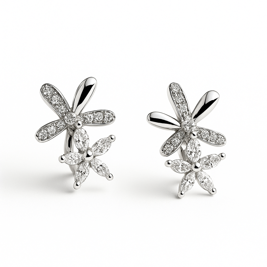 Silver Floral Crystal Stud Earrings | Anti Tarnish | Stainless Steel