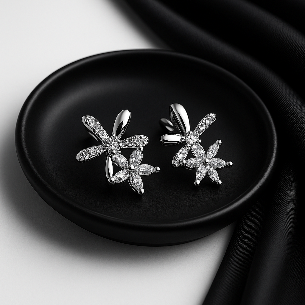 Silver Floral Crystal Stud Earrings | Anti Tarnish | Stainless Steel