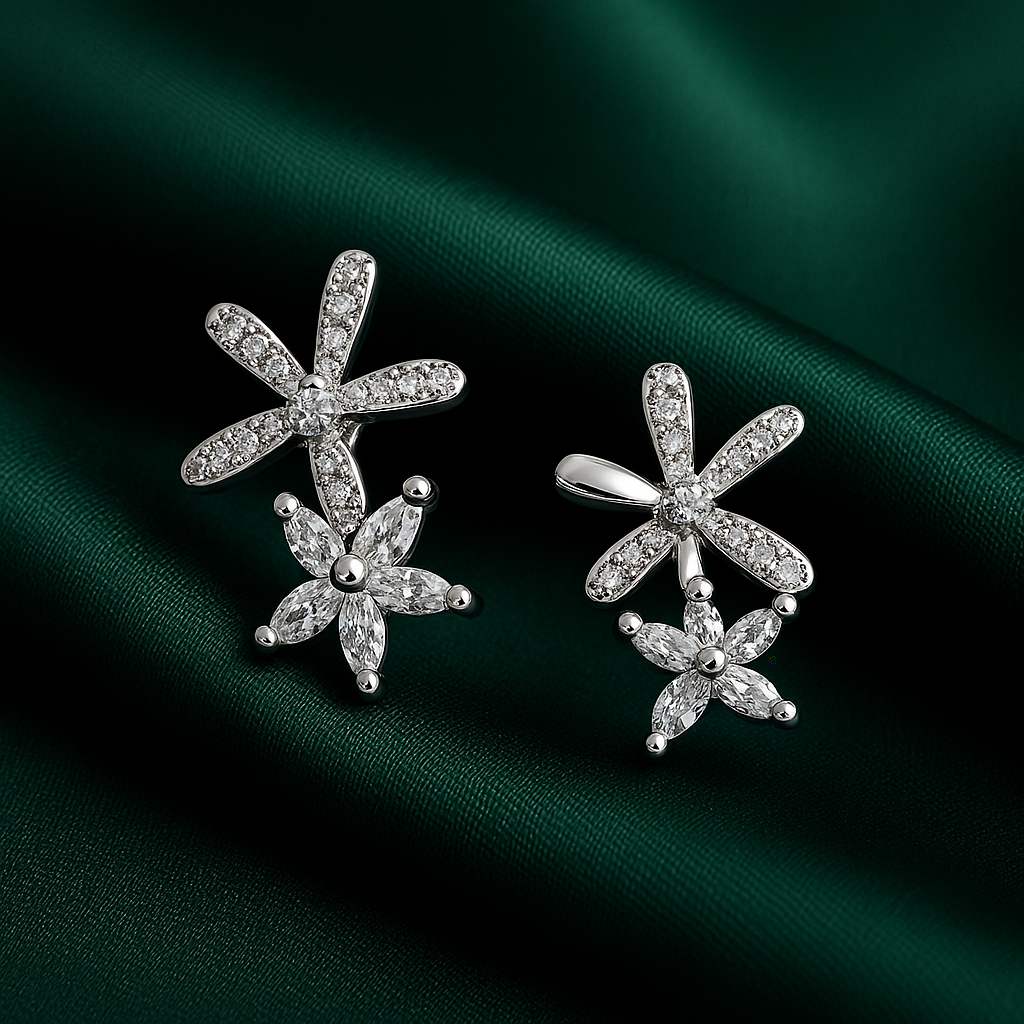 Silver Floral Crystal Stud Earrings | Anti Tarnish | Stainless Steel