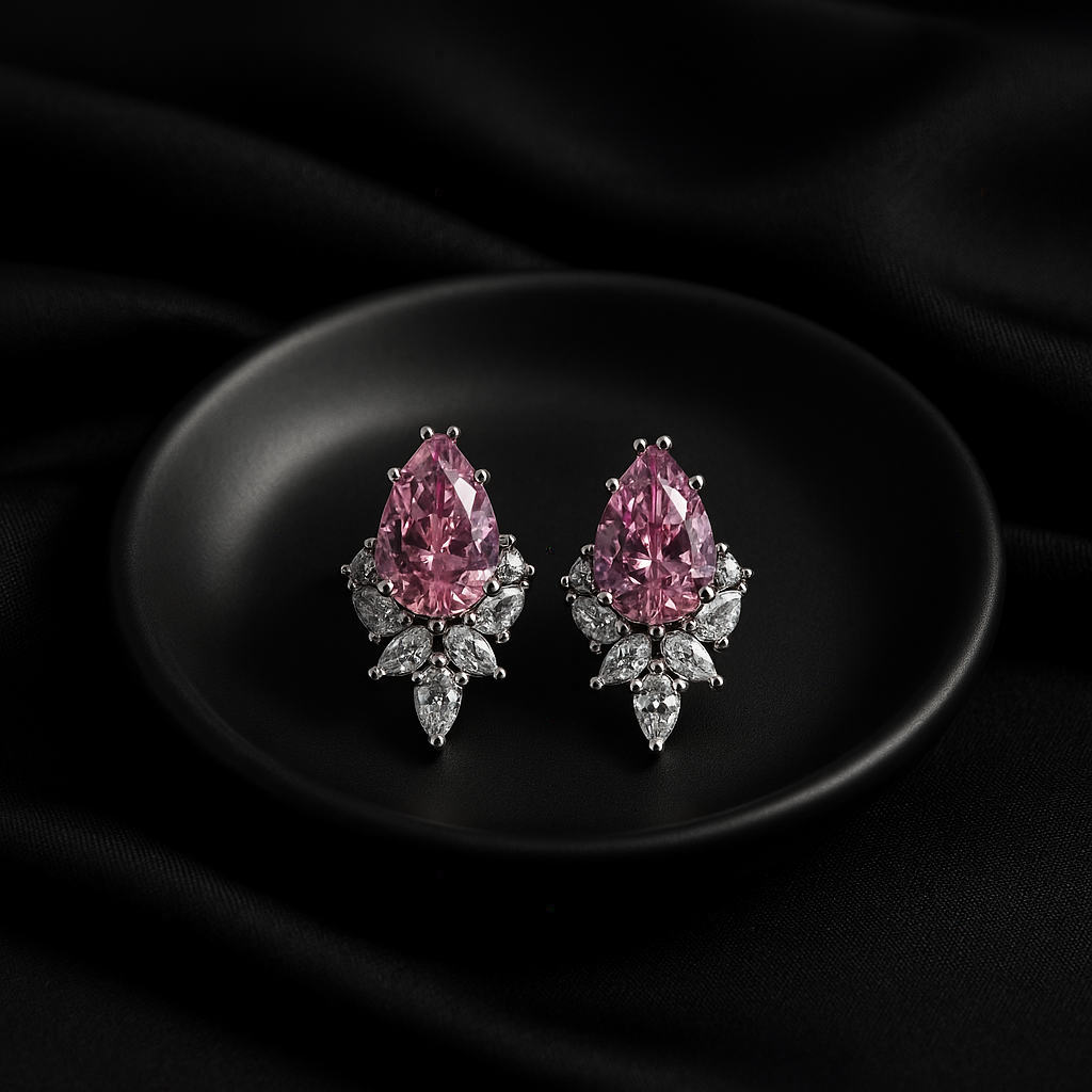 Pink Teardrop Crystal Stud Earrings with White Accents | Anti Tarnish | Stainless Steel