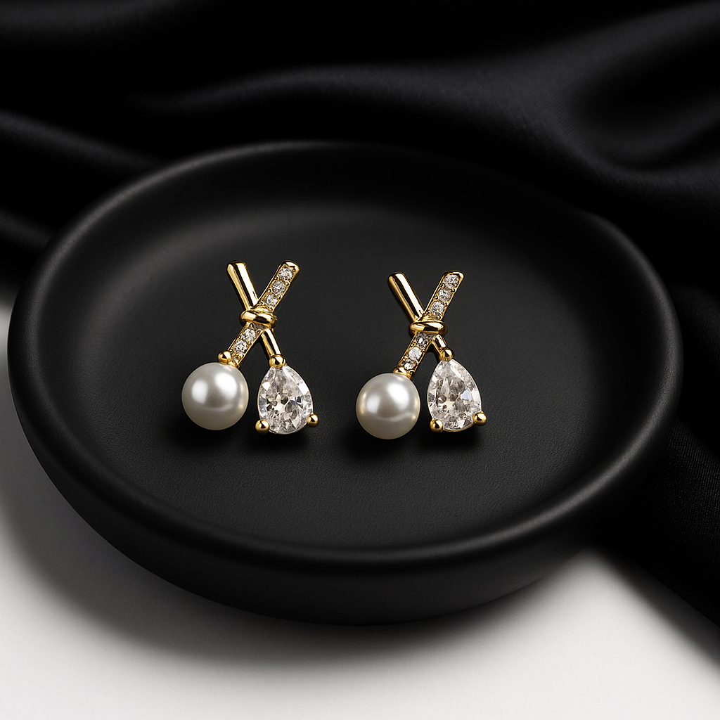Elegant Pearl & Teardrop Crystal Earrings | Korean Designer Jewellery