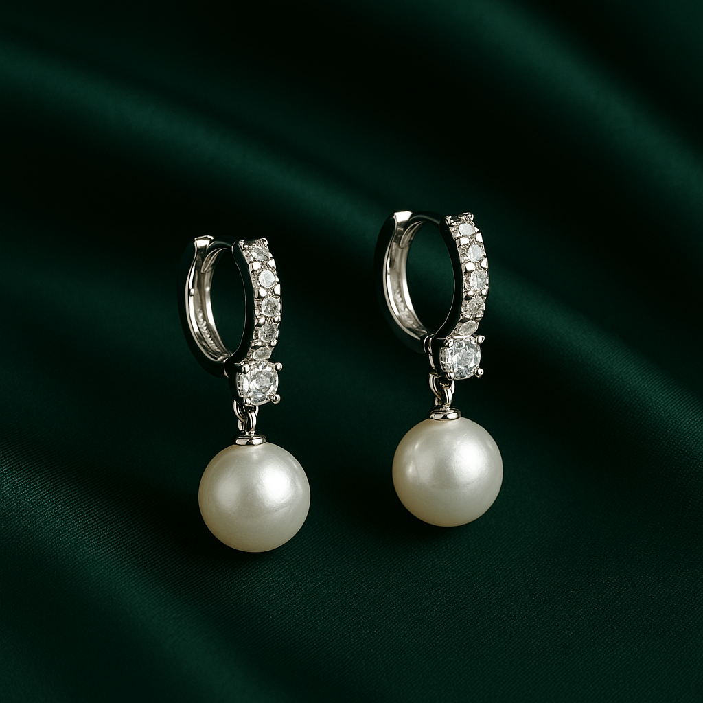 Elegant Pearl Drop Hoop Earrings with Crystals | Korean Designer Jewellery