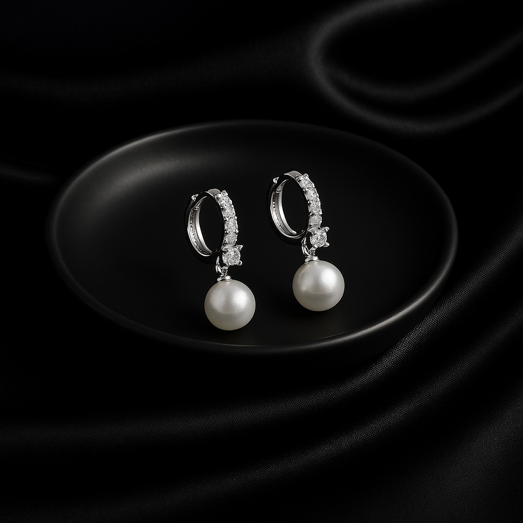 Elegant Pearl Drop Hoop Earrings with Crystals | Korean Designer Jewellery
