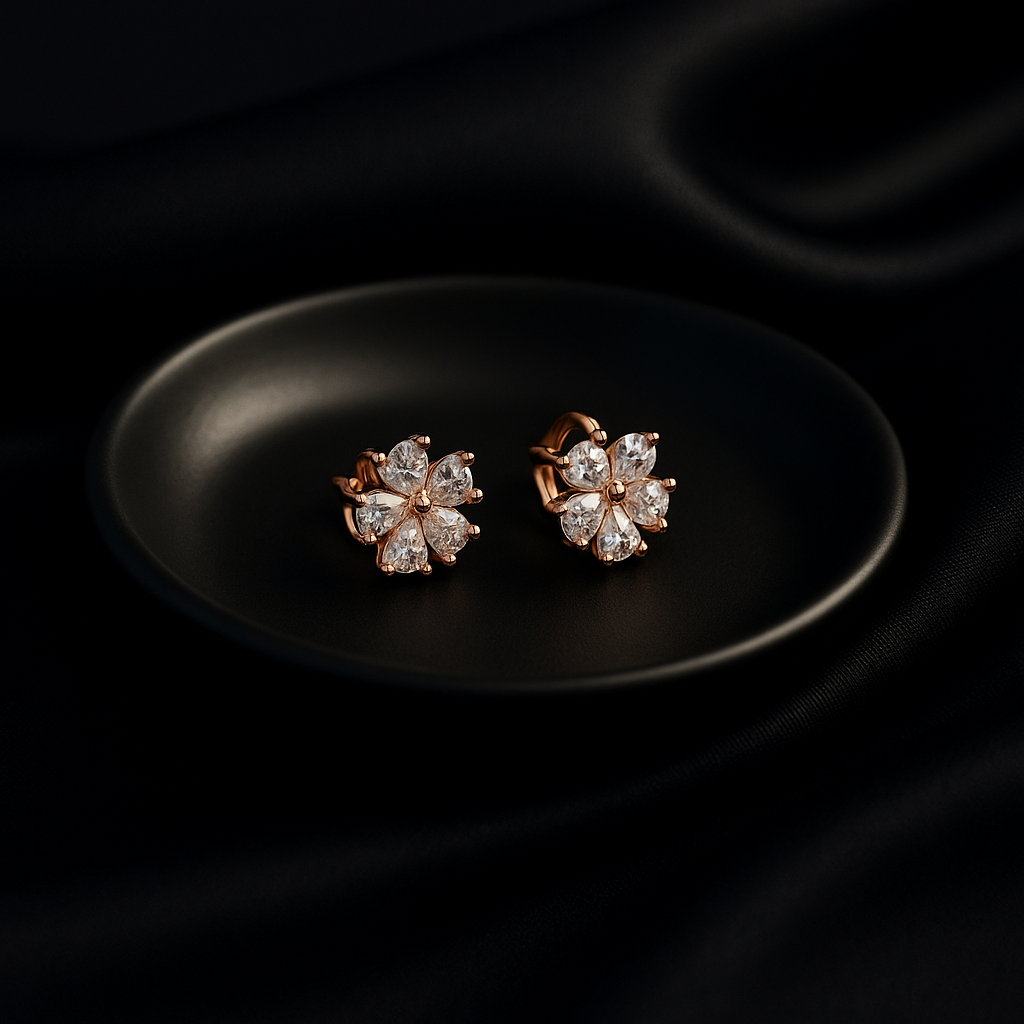 Floral Crystal Stud Earrings in Rose Gold | Korean Designer Jewellery