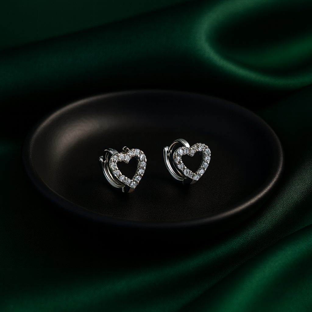 Crystal Heart Huggy Earrings in Silver | Korean Designer Jewellery