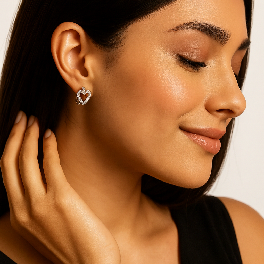 Crystal Heart Huggy Earrings in Silver | Korean Designer Jewellery