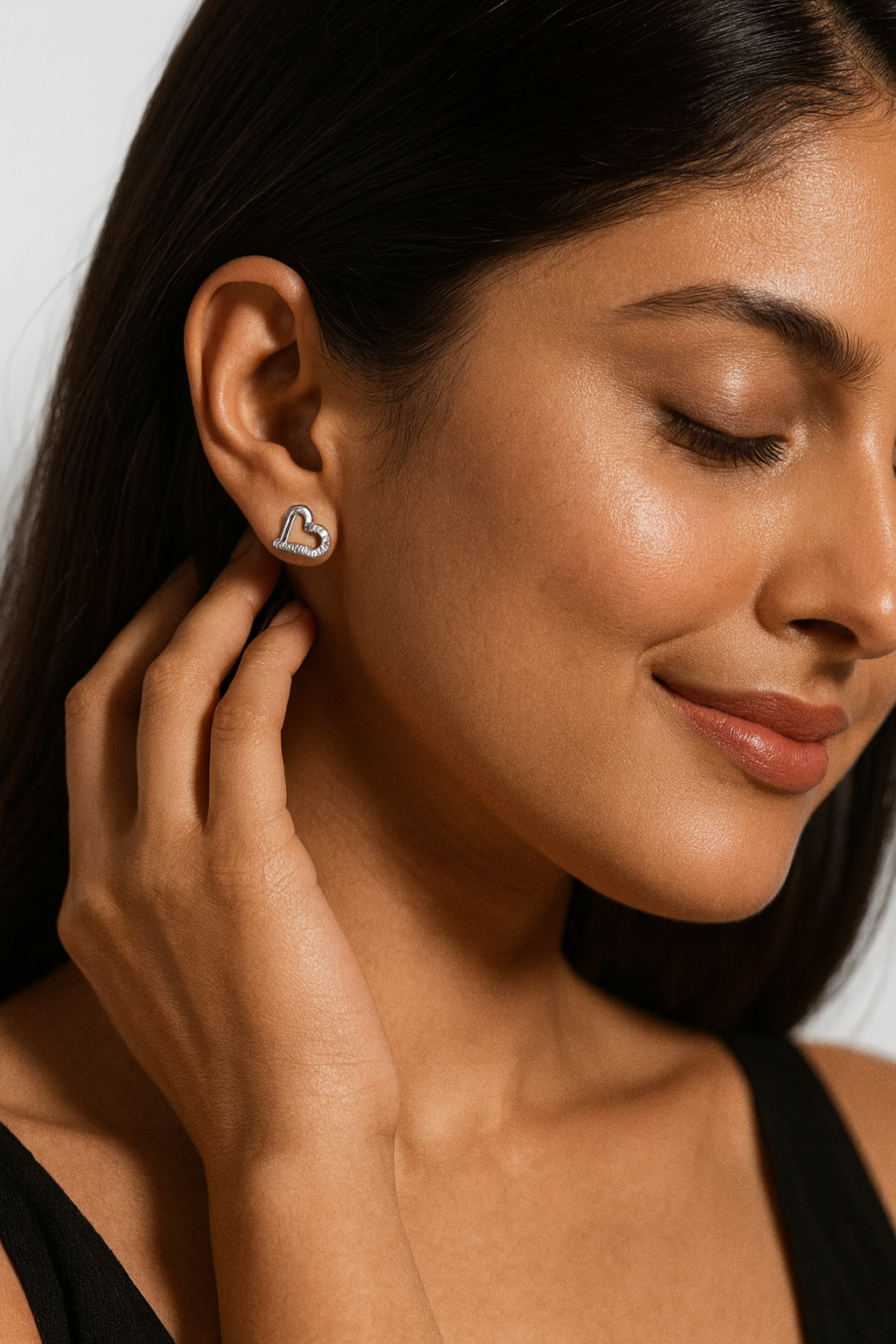 Elegant Crystal Open Heart Earrings in Silver | Korean Designer Jewellery