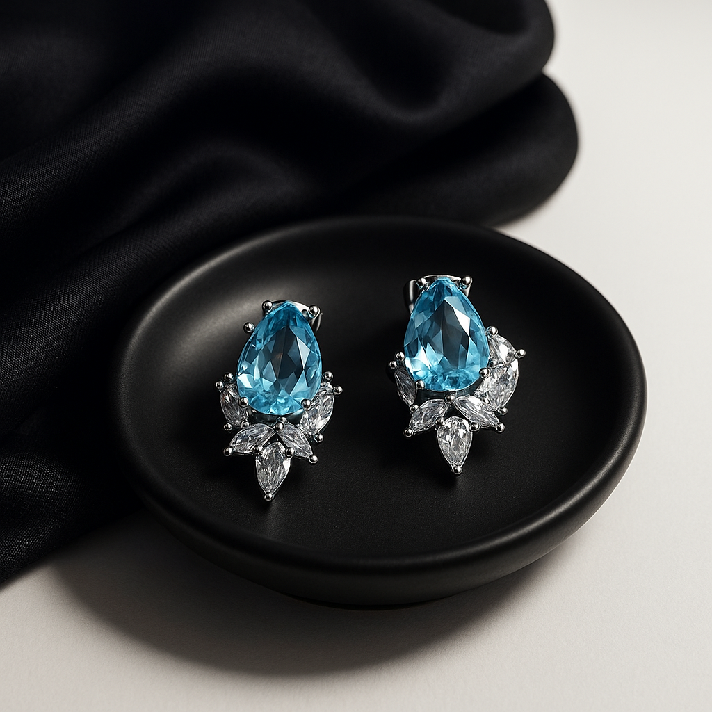 Blue Teardrop Crystal Flower Earrings | Anti Tarnish | Stainless Steel