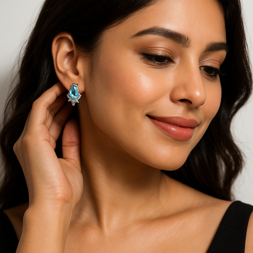 Blue Teardrop Crystal Flower Earrings | Anti Tarnish | Stainless Steel