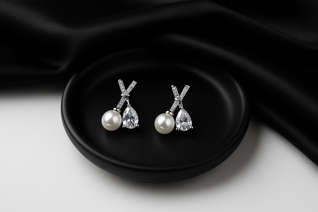 Pearl & Teardrop Crystal Cross Earrings in Silver | Korean Designer Jewellery
