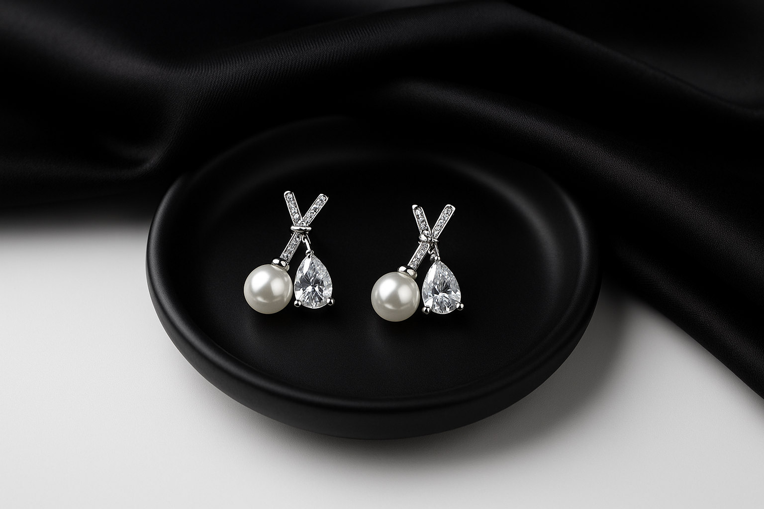 Pearl & Teardrop Crystal Cross Earrings in Silver | Korean Designer Jewellery