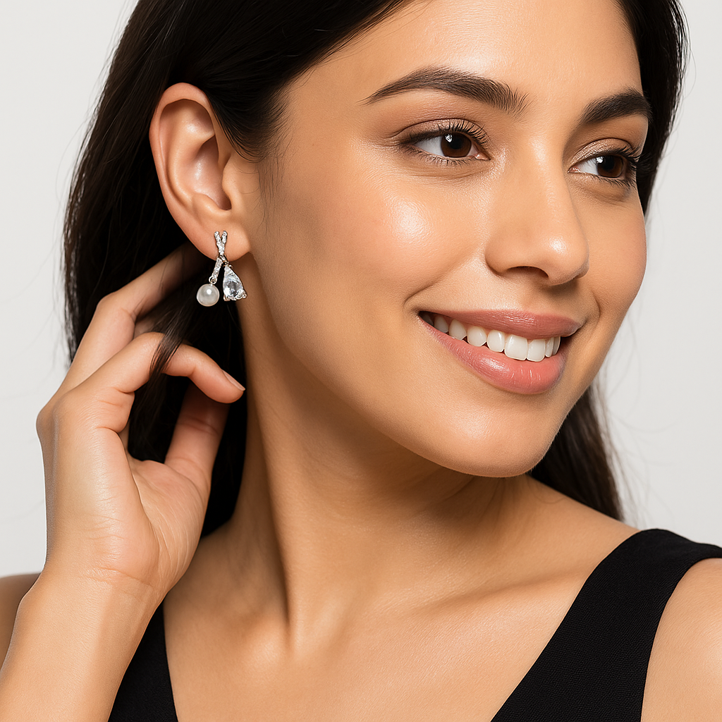 Pearl & Teardrop Crystal Cross Earrings in Silver | Korean Designer Jewellery