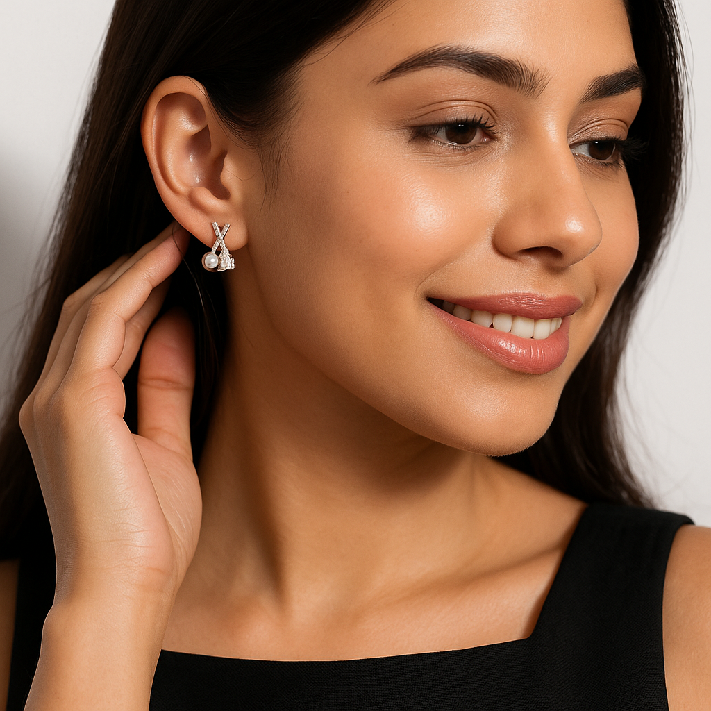 Pearl & Teardrop Crystal Cross Earrings in Silver | Korean Designer Jewellery
