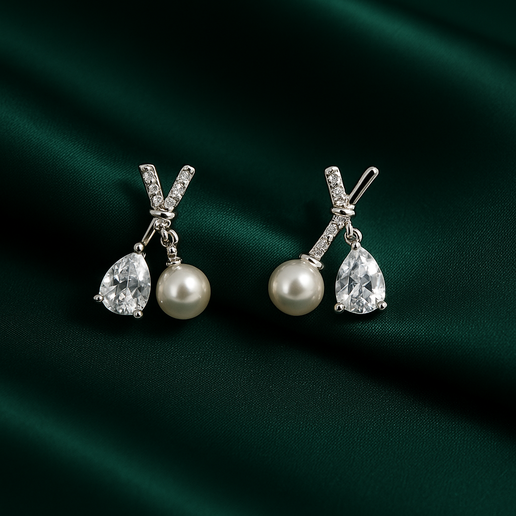 Pearl & Teardrop Crystal Cross Earrings in Silver | Korean Designer Jewellery