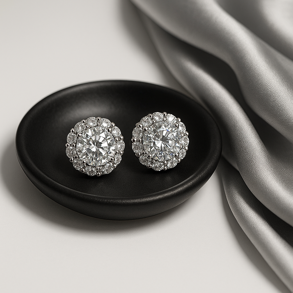 Classic Halo Round Crystal Stud Earrings | Anti Tarnish | Stainless Steel