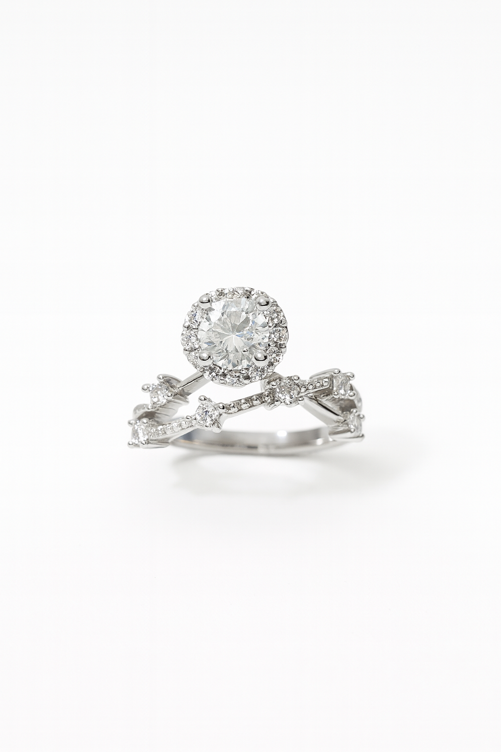 Elegant Round Halo Crystal Ring with Vine Band | Anti Tarnish | Stainless Steel