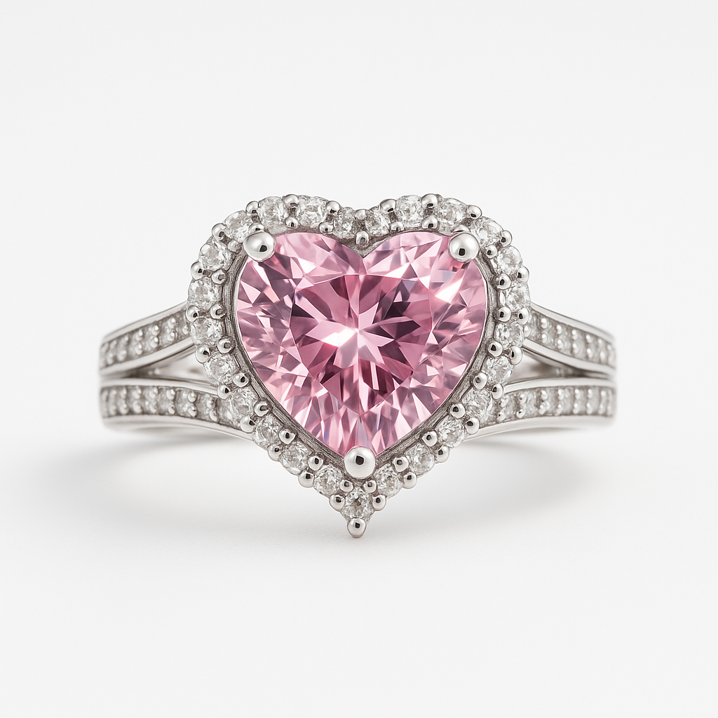 Pink Heart Solitaire Halo Ring with Crystal Band | Anti Tarnish | Stainless Steel