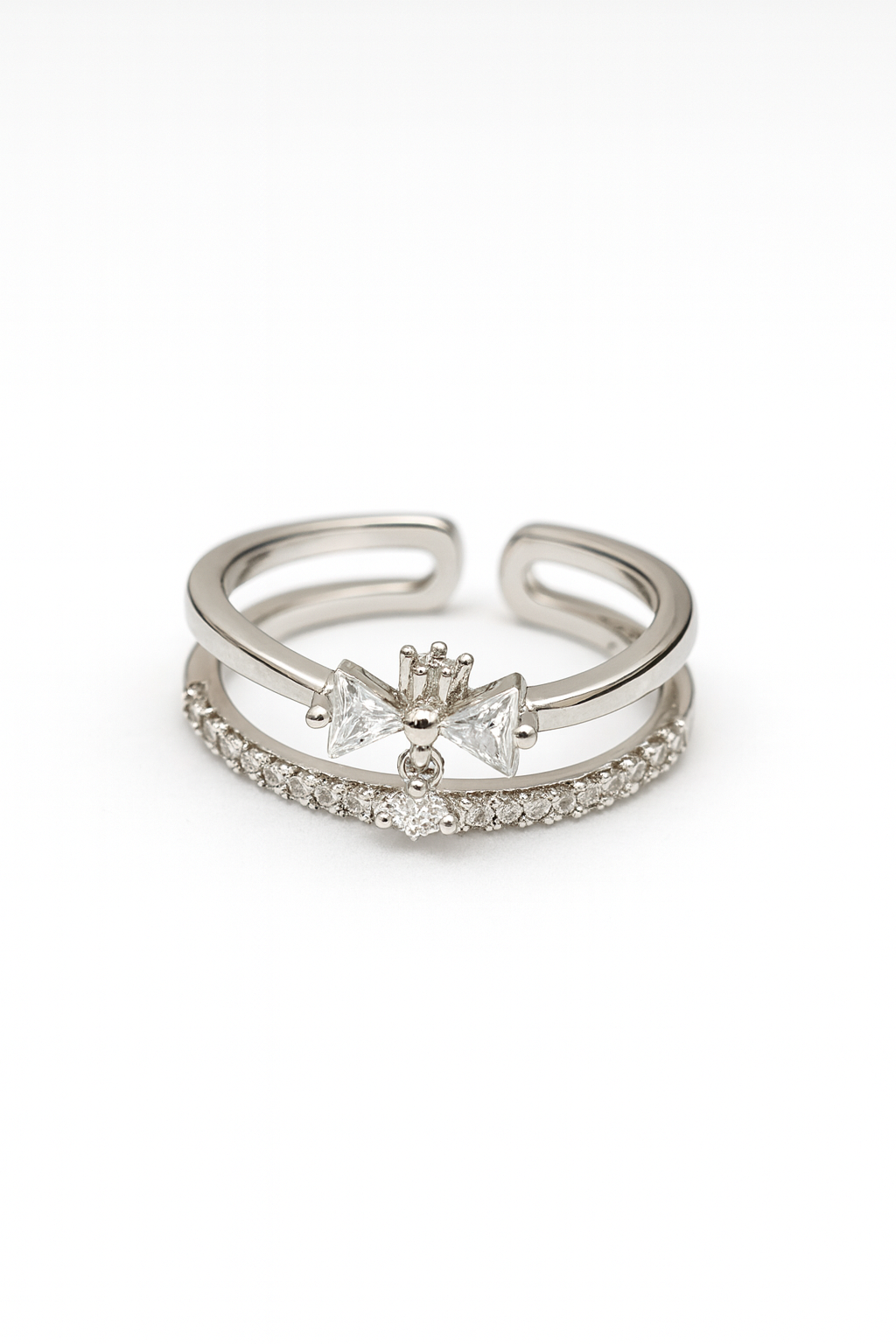 Elegant Crystal Bow Double Band Ring | Korean Designer Jewellery